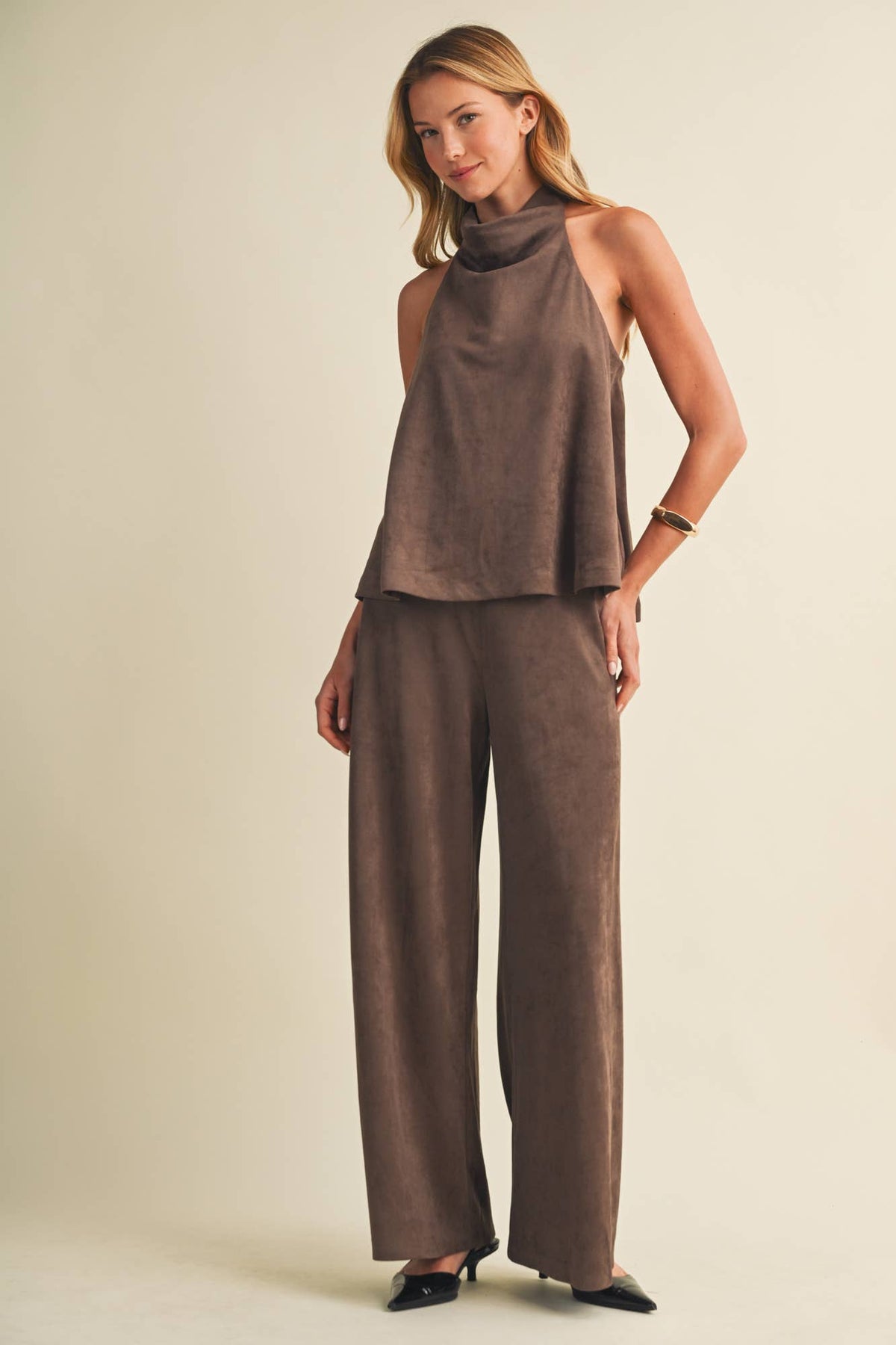 The Sloane Sueded Knit Halter Cowl Neck Top
