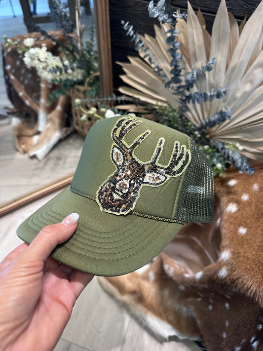 Sequin deer trucker hat