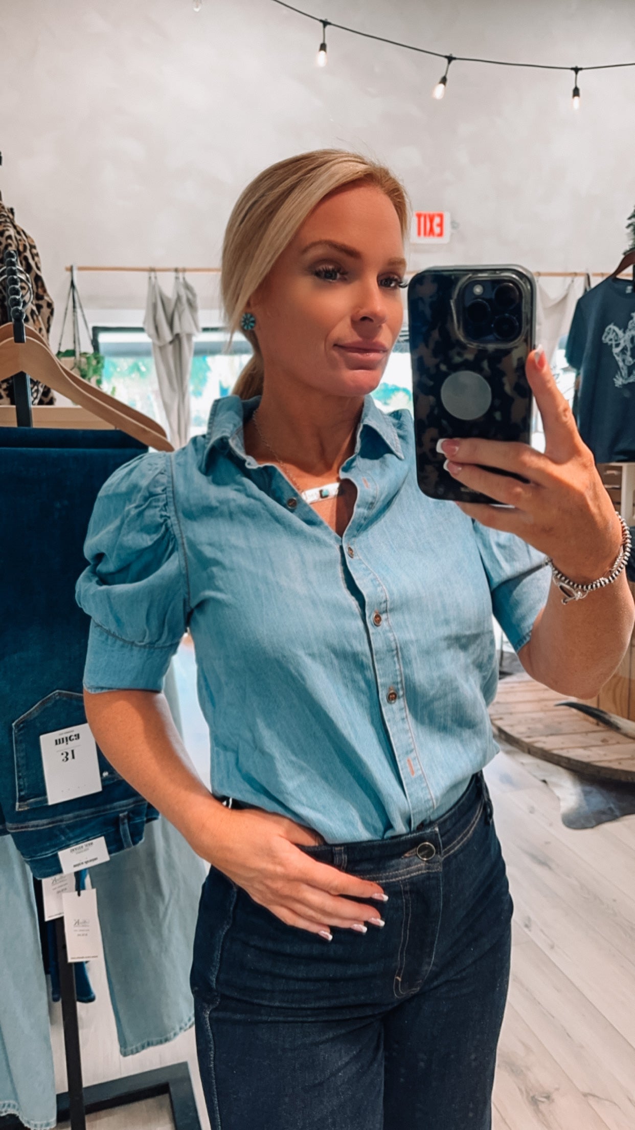 Chambray puff sleeve blouse