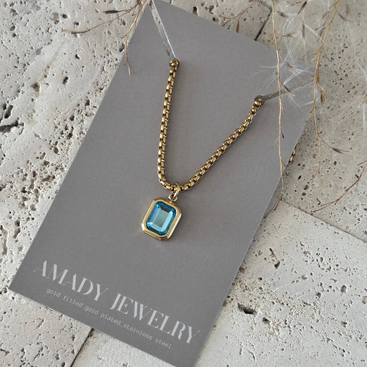 Blue Crystal Pendant Necklace 18k gold plated box chain
