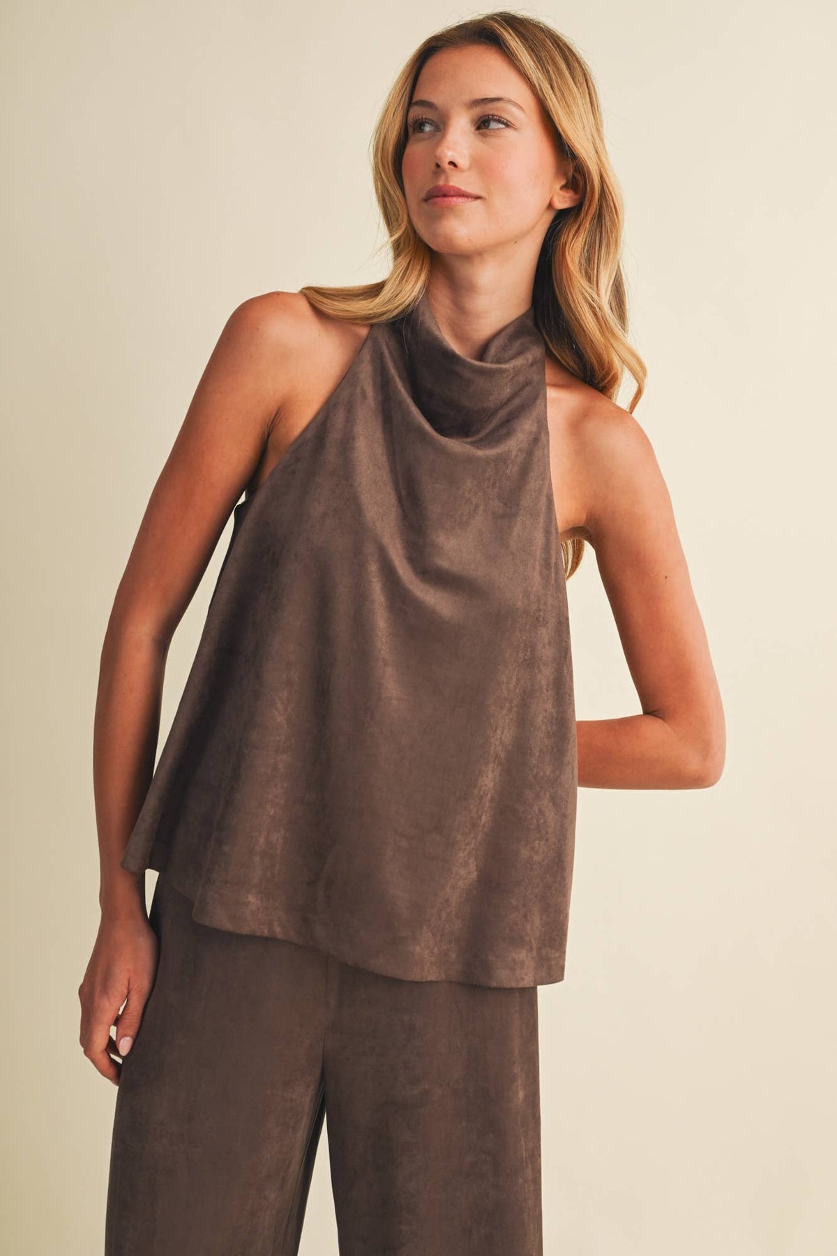 The Sloane Sueded Knit Halter Cowl Neck Top