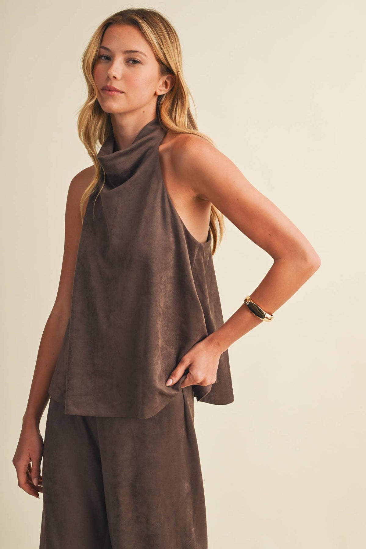 The Sloane Sueded Knit Halter Cowl Neck Top