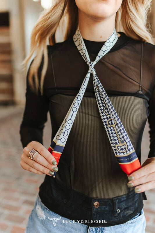 Navy Houndstooth Horse Bit Silk Twilly Scarf