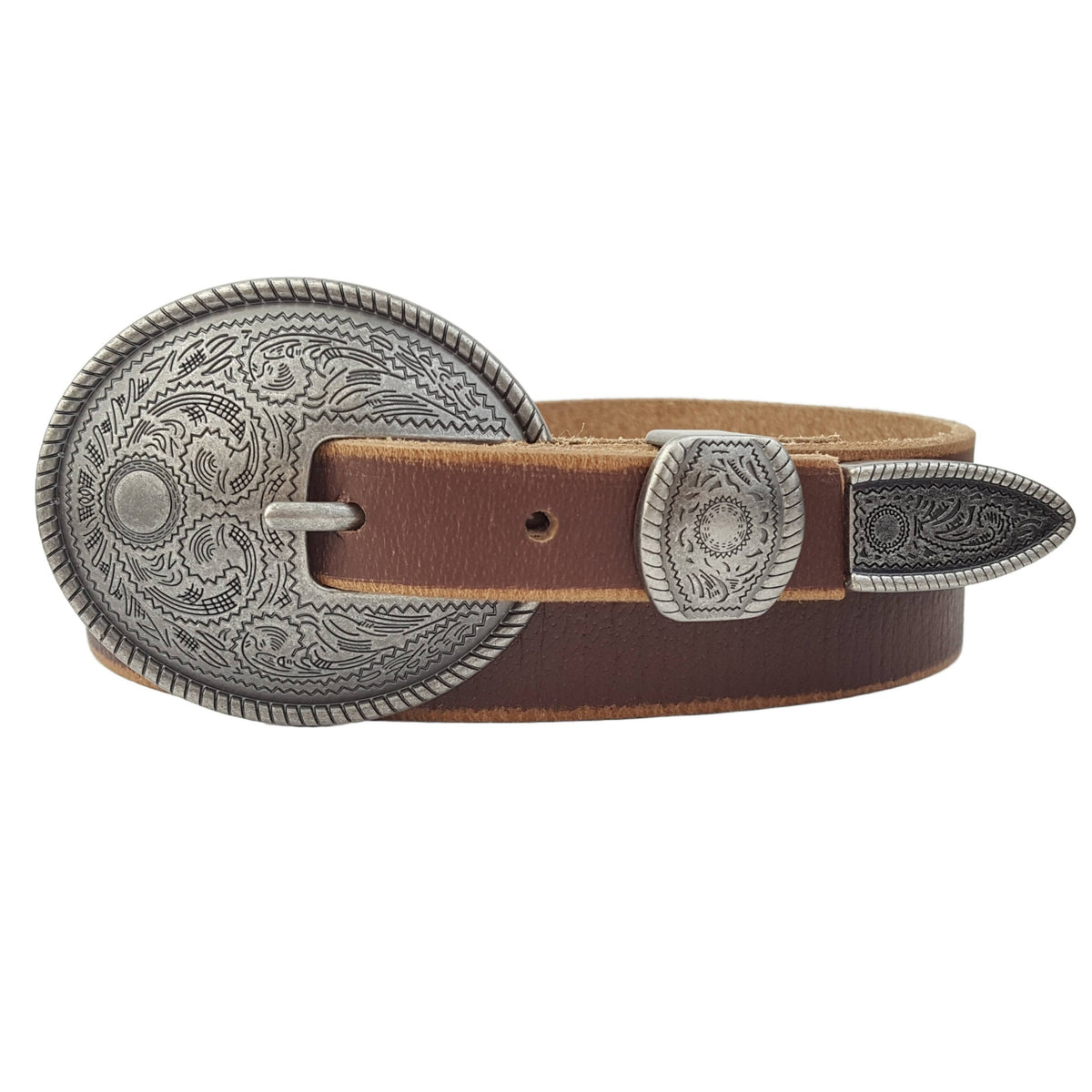 Caldwell Skinny Leather Belt w.  antique silver floral buckle