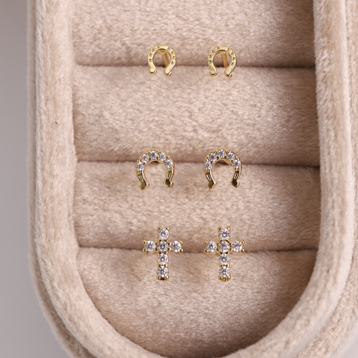 Iconic Trio - Horseshoe & Cross Studs on Velvet Tag