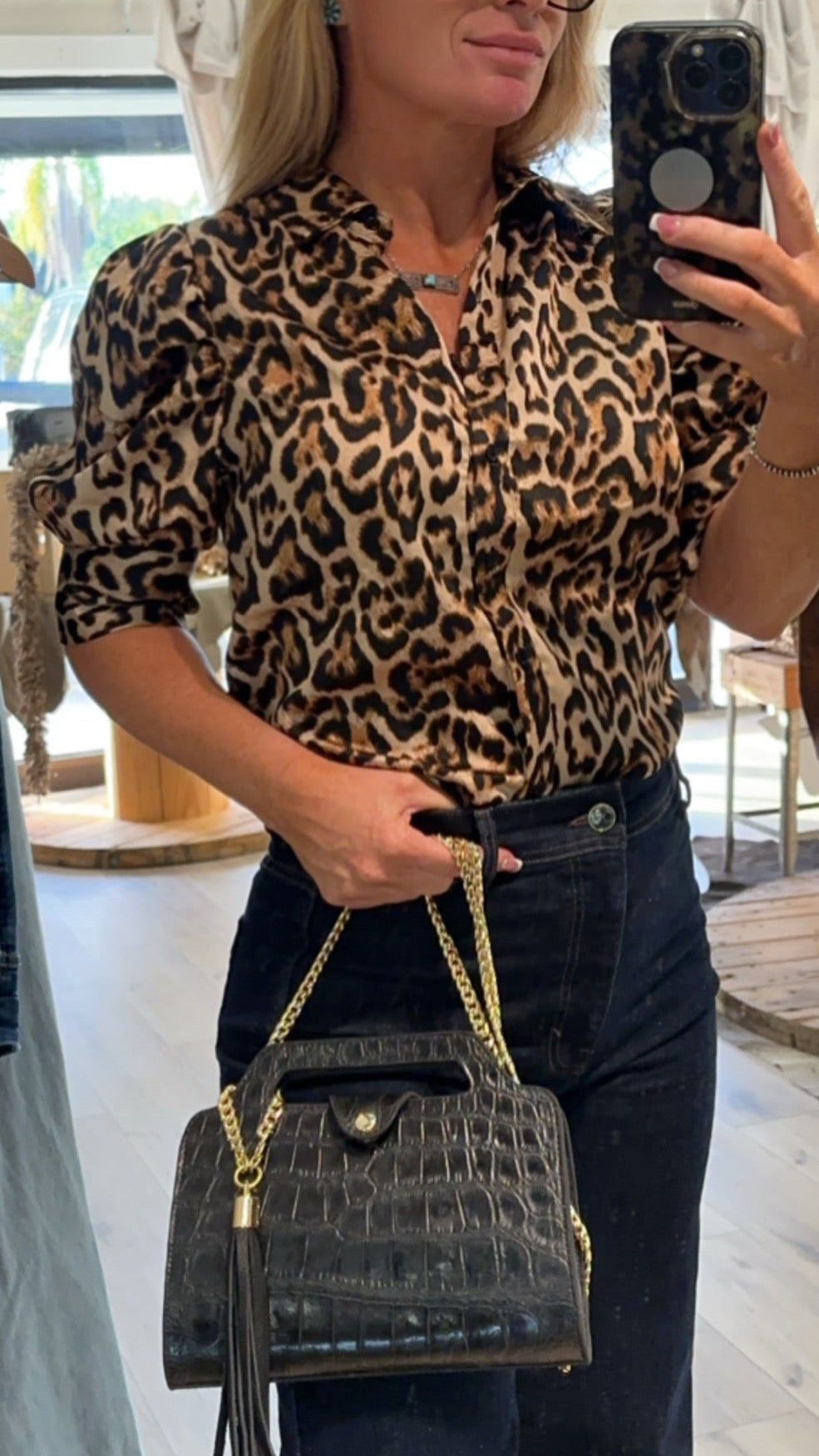 Leopard puff sleeve blouse