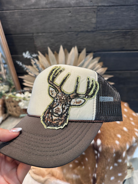 Sequin deer trucker hat tan/brown