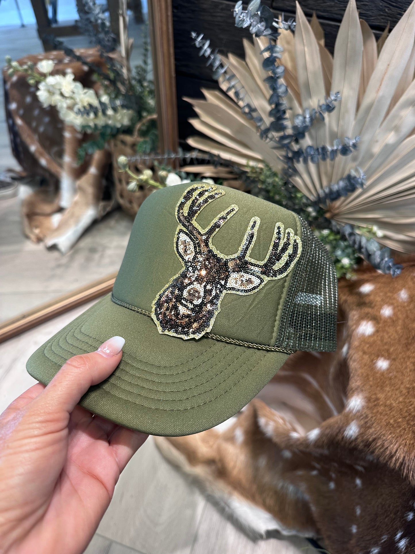 Sequin deer trucker hat