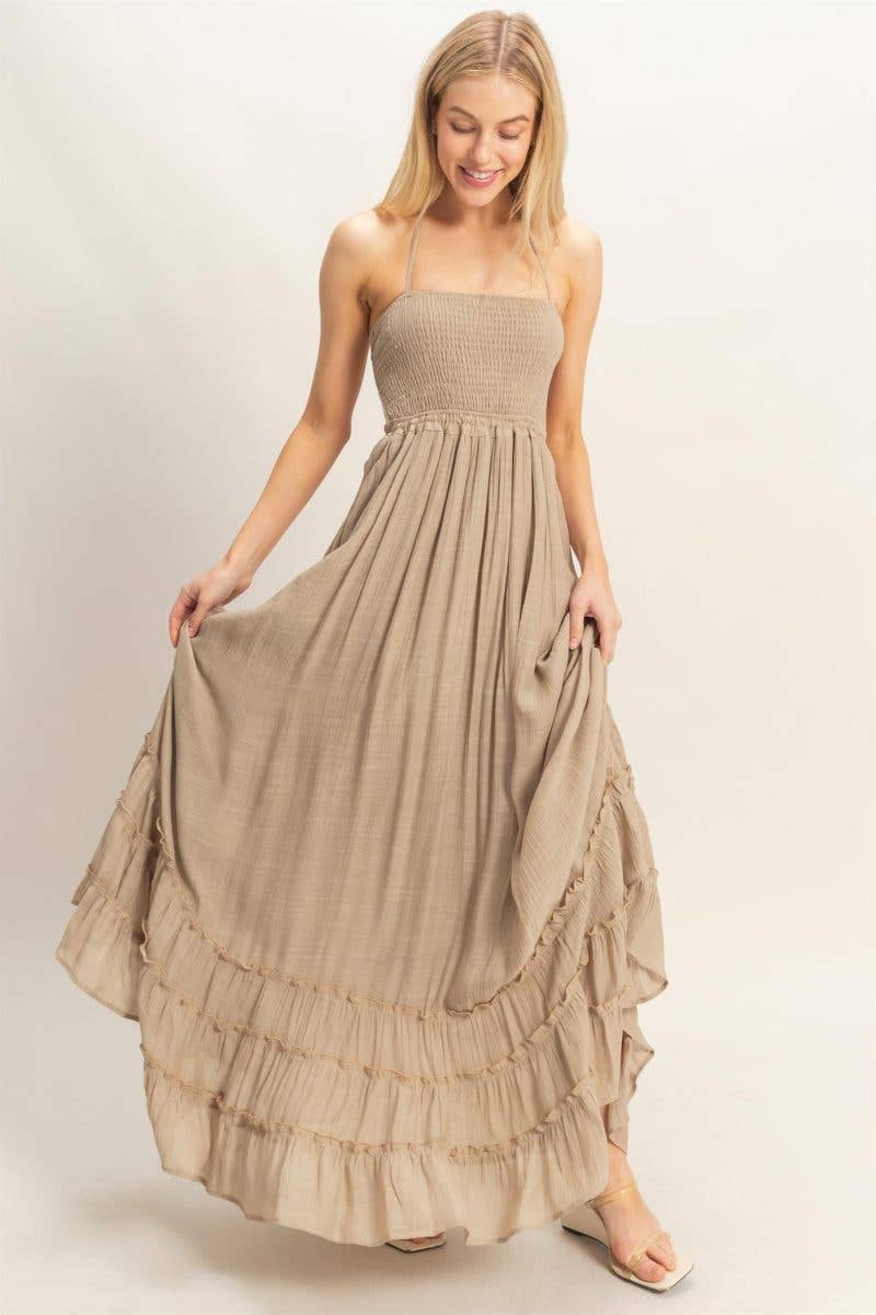 Sunset Tides - Smocked Halter Maxi Dress
