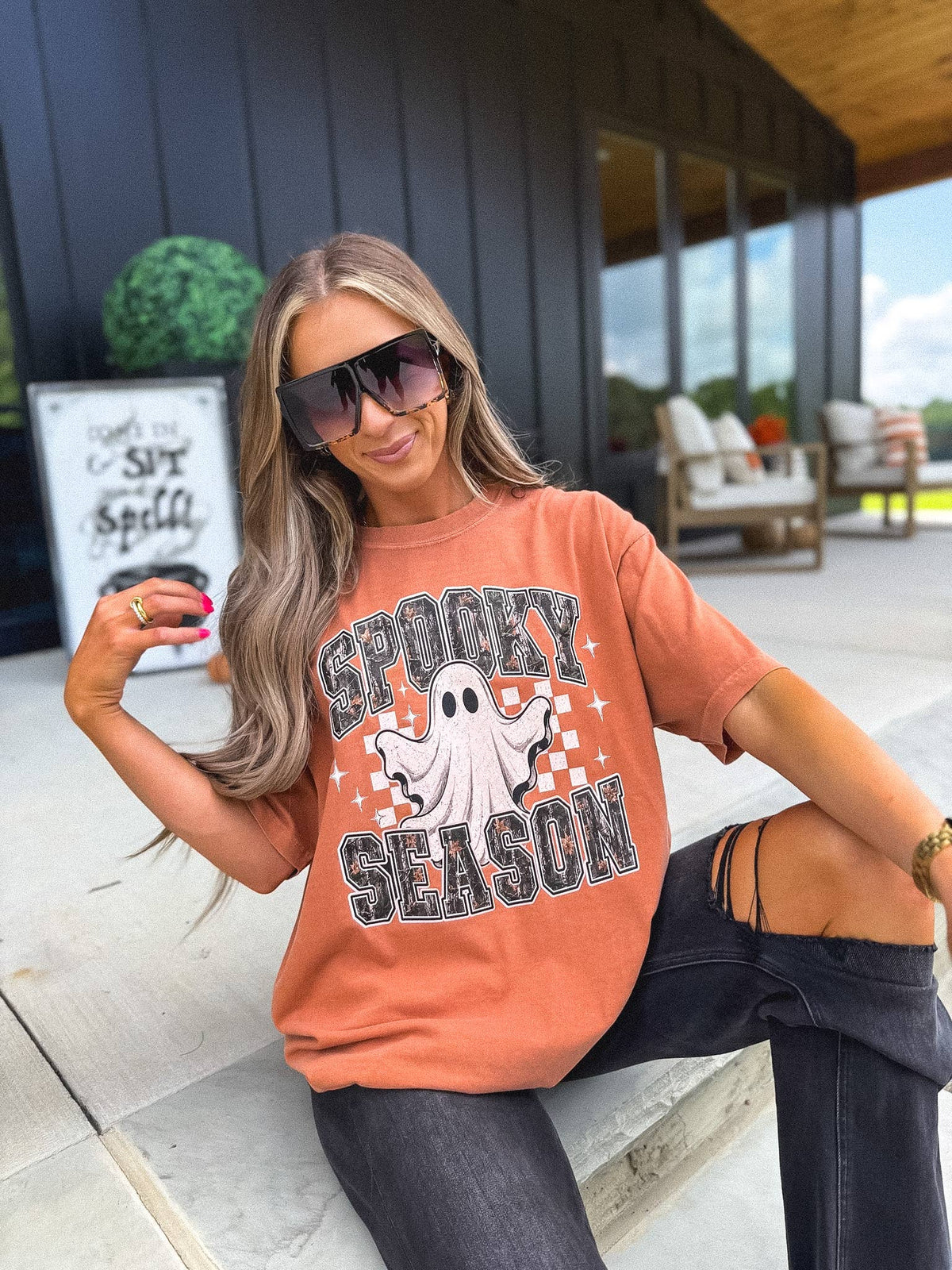 Camo Spooky Season Ghost Graphic Tee on Yam