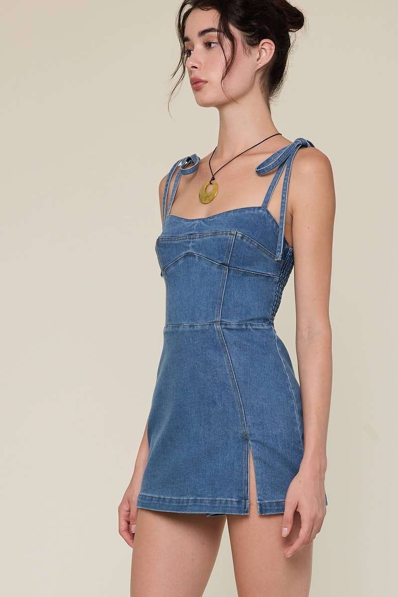 Little Palm Denim Romper Dress