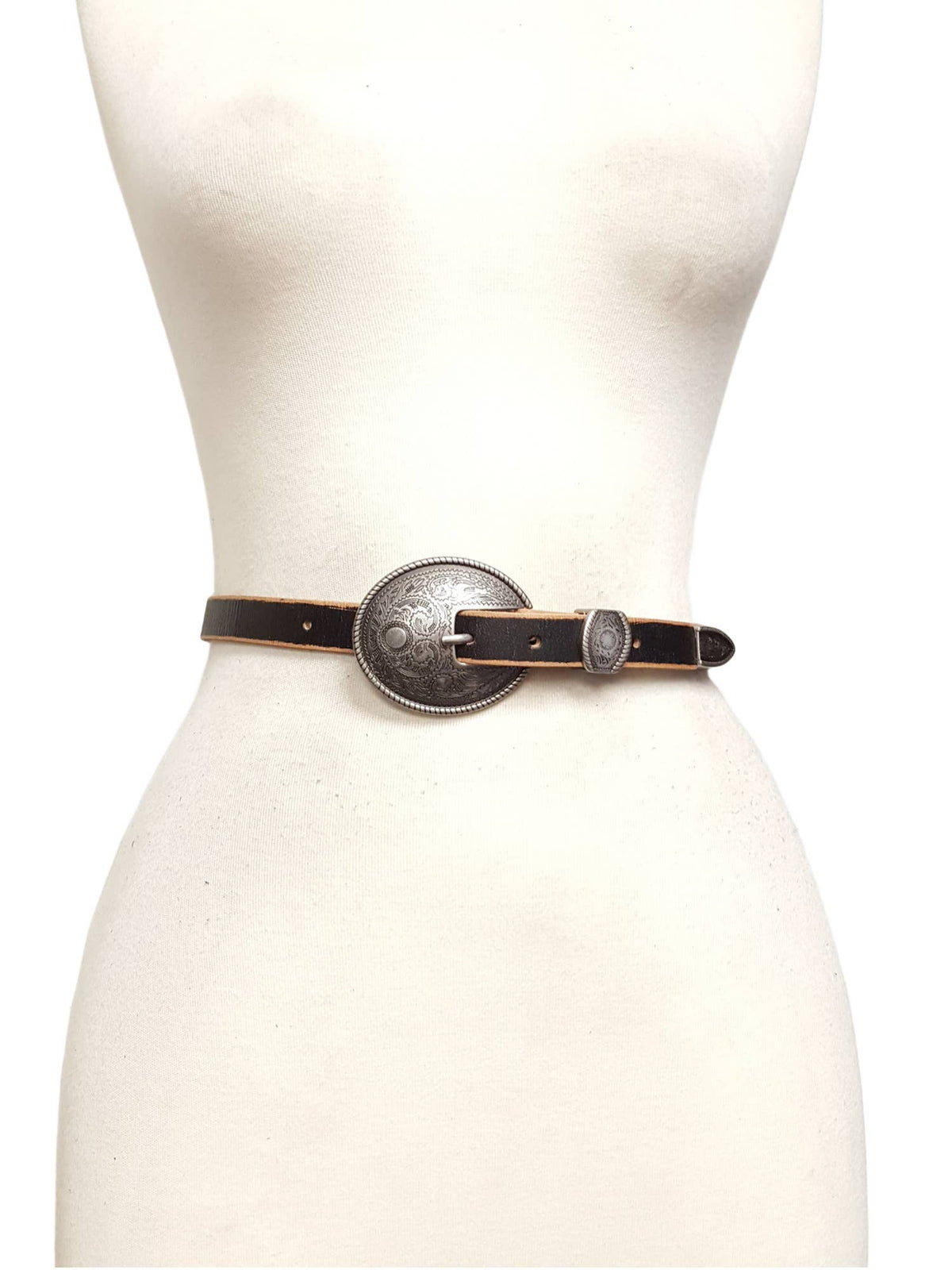 Caldwell Skinny Leather Belt w.  antique silver floral buckle