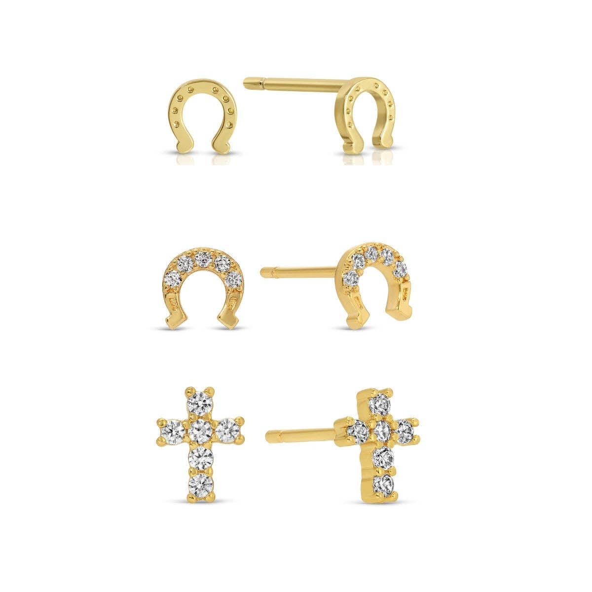 Iconic Trio - Horseshoe & Cross Studs on Velvet Tag