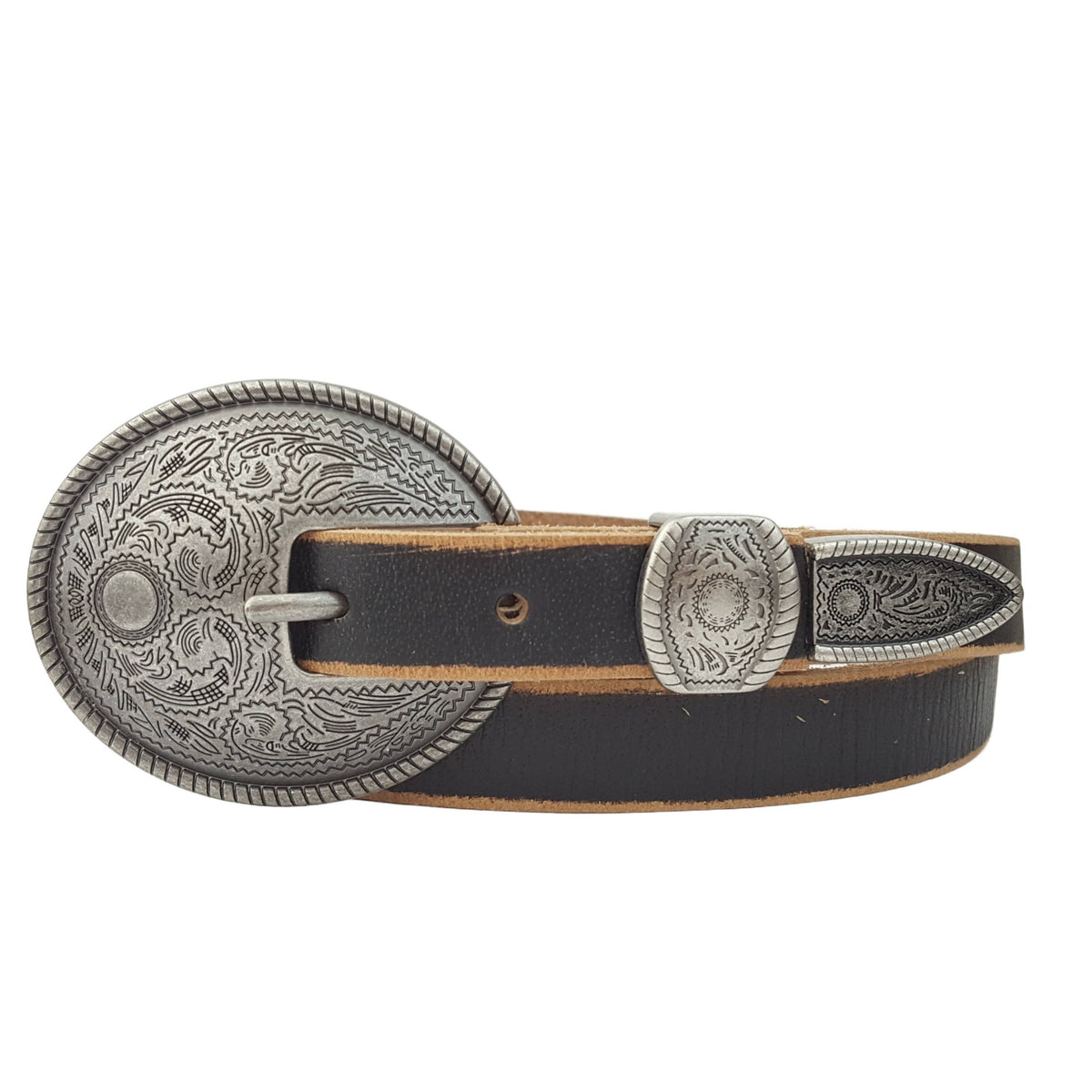 Caldwell Skinny Leather Belt w.  antique silver floral buckle