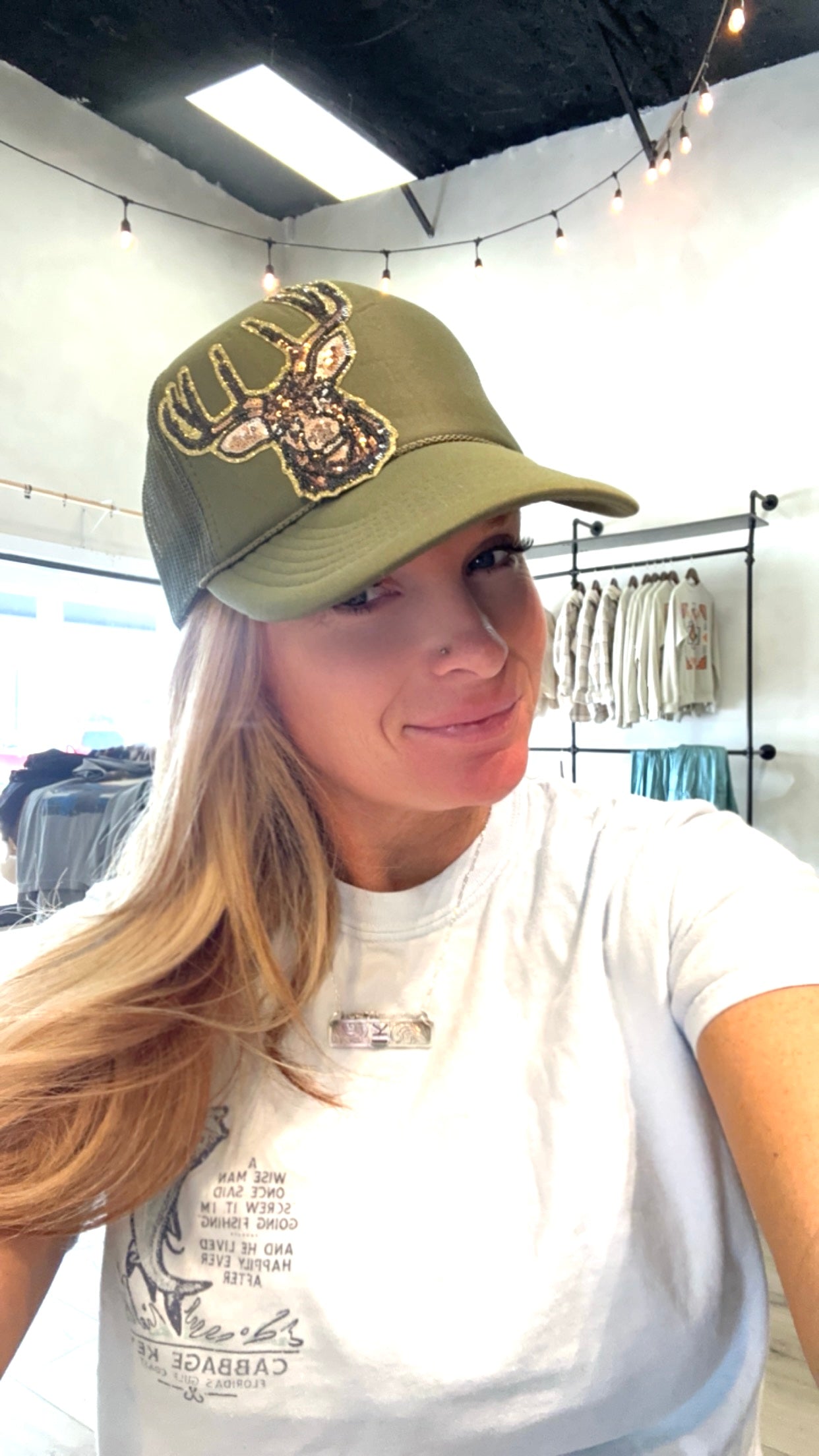 Sequin deer trucker hat