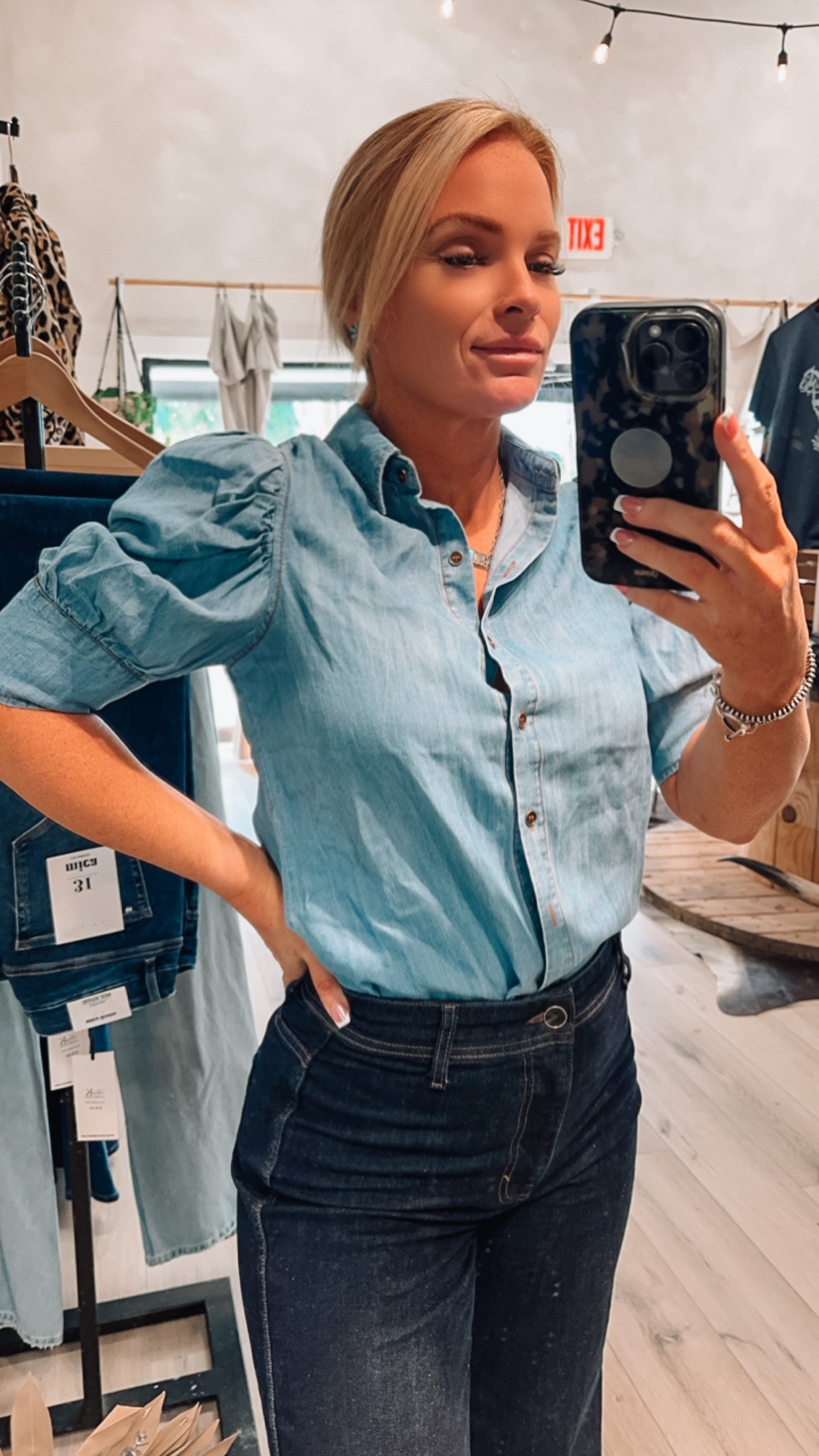 Chambray puff sleeve blouse