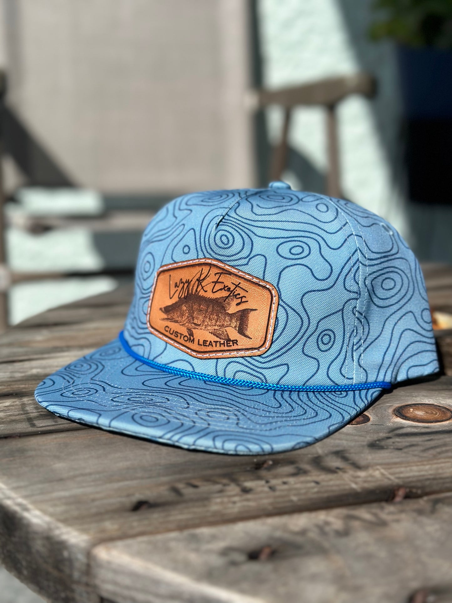 “Lazy K Exotics” hog fish logo hat  (blue topography)