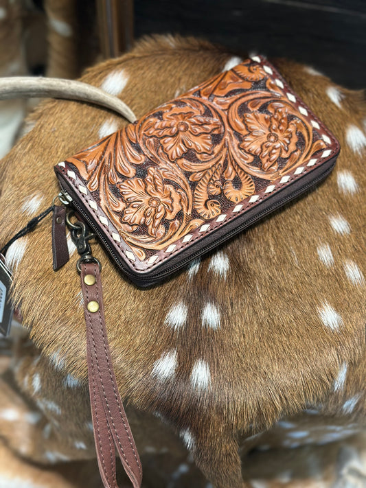 “The Jane” Tooled zip wristlet wallet