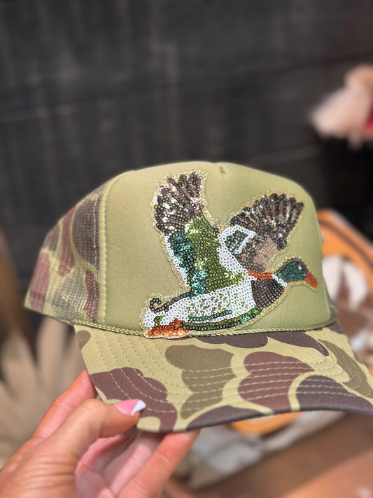 Sequin Mallard duck camo foam trucker