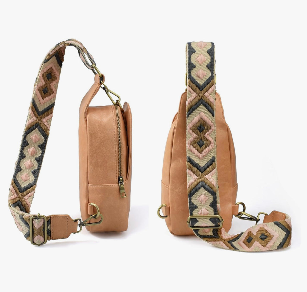 Tan tooled sling bag