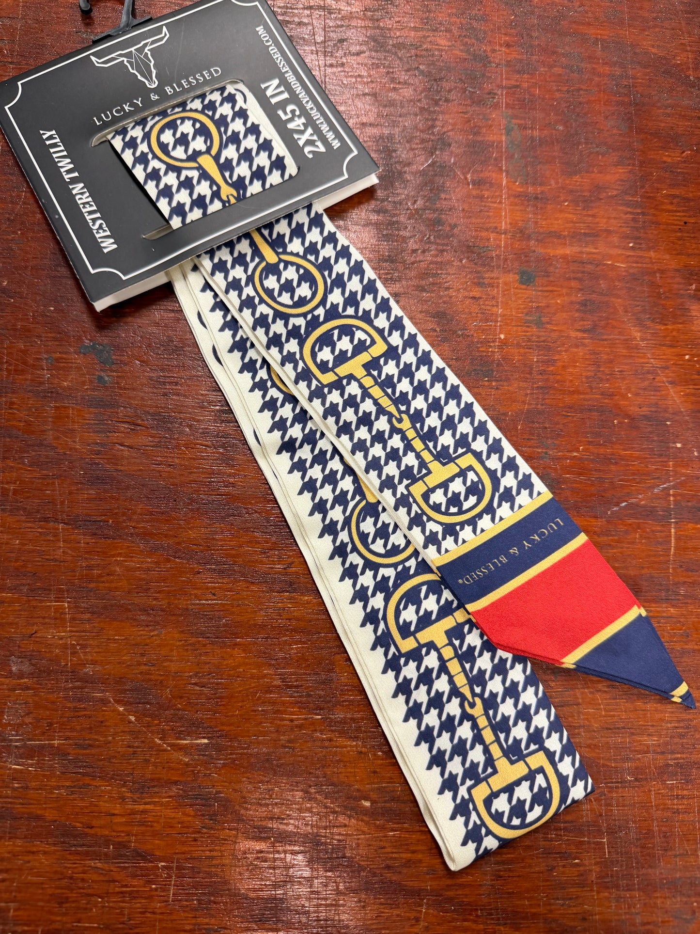 Navy Houndstooth Horse Bit Silk Twilly Scarf
