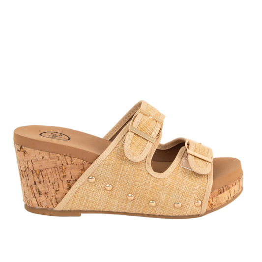 The Cabana Wedge- Raffia Double Buckle Slip On Cork Cushioned Platform