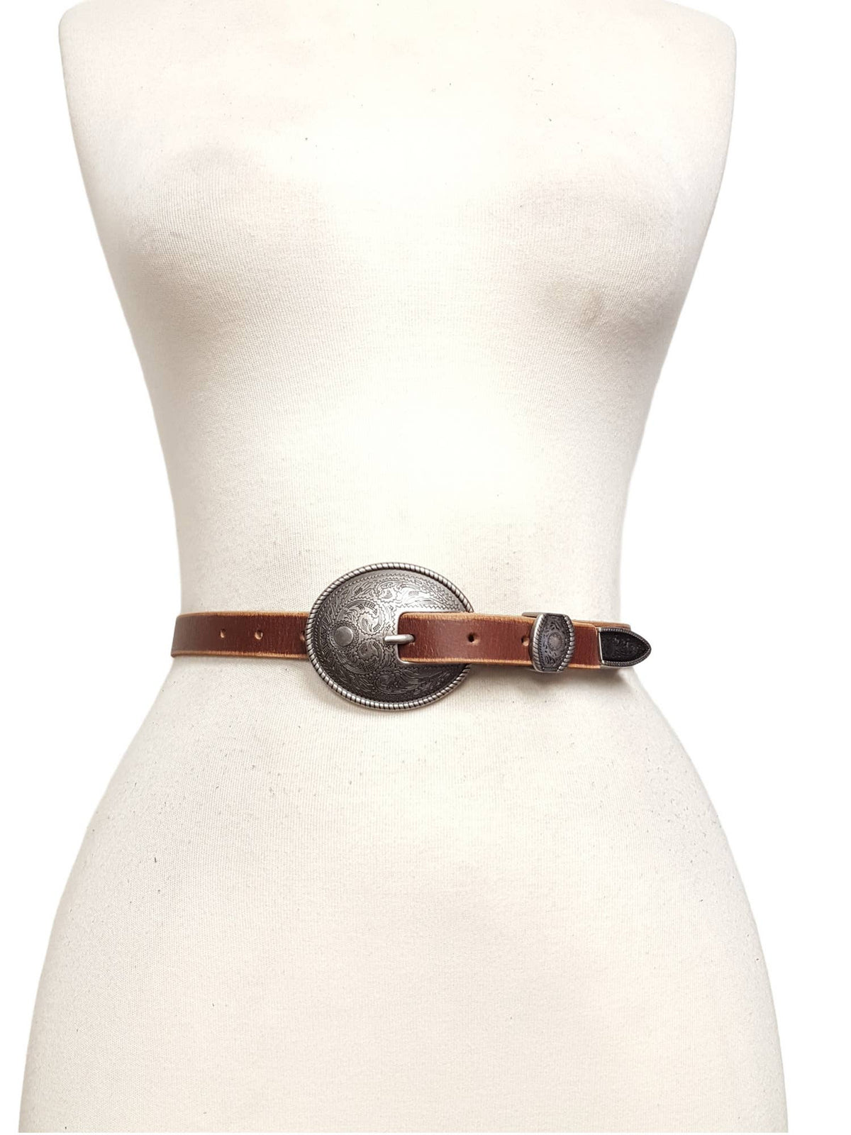 Caldwell Skinny Leather Belt w.  antique silver floral buckle