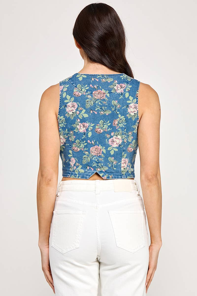 Rosalie Floral Printed Denim Vest