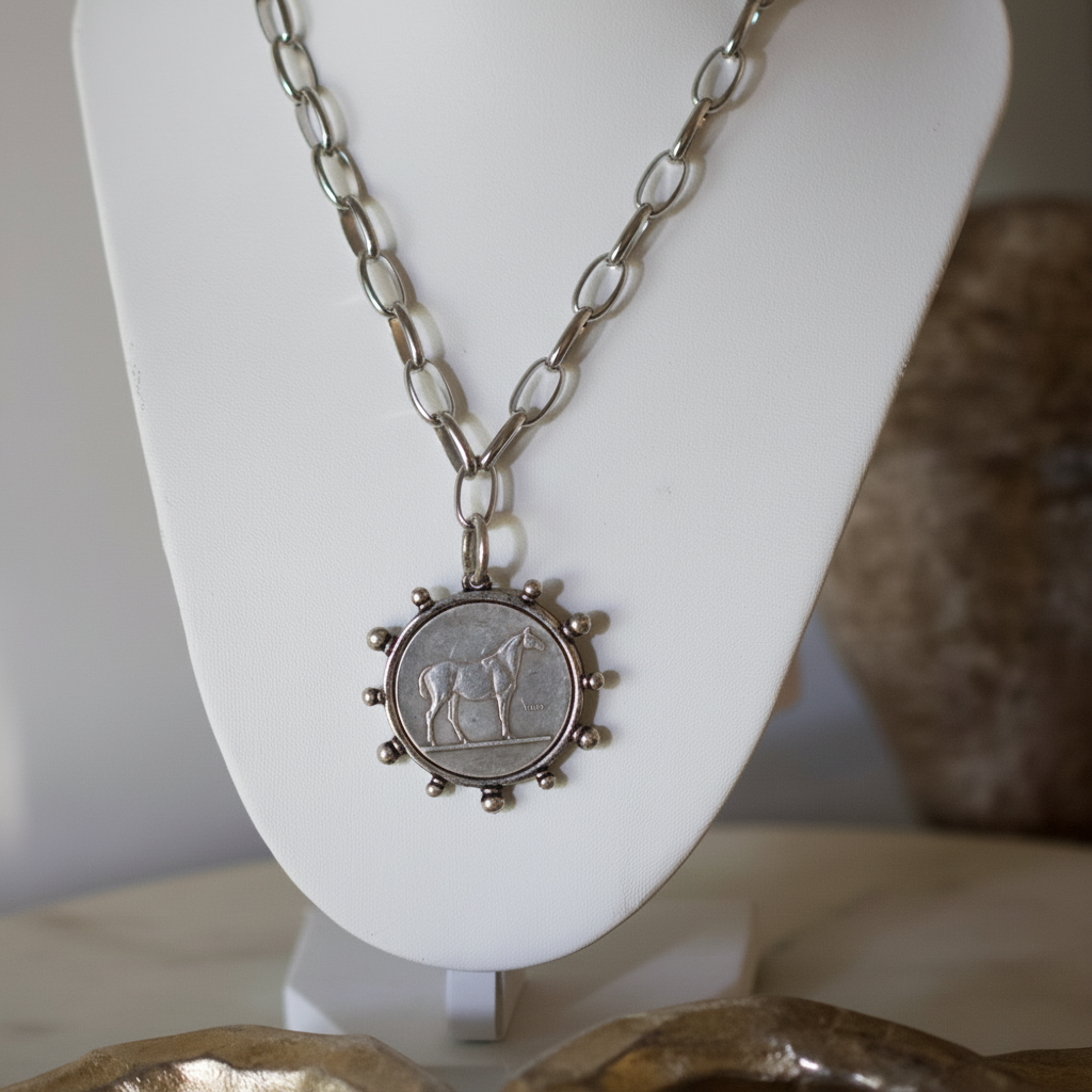 Envy Silver Horse Coin Necklace Non Tarnish