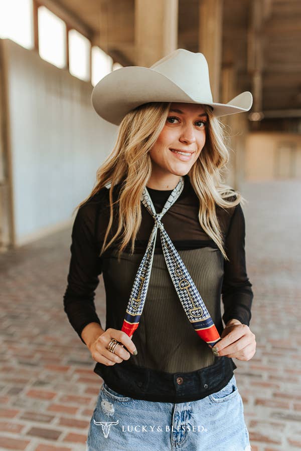 Navy Houndstooth Horse Bit Silk Twilly Scarf