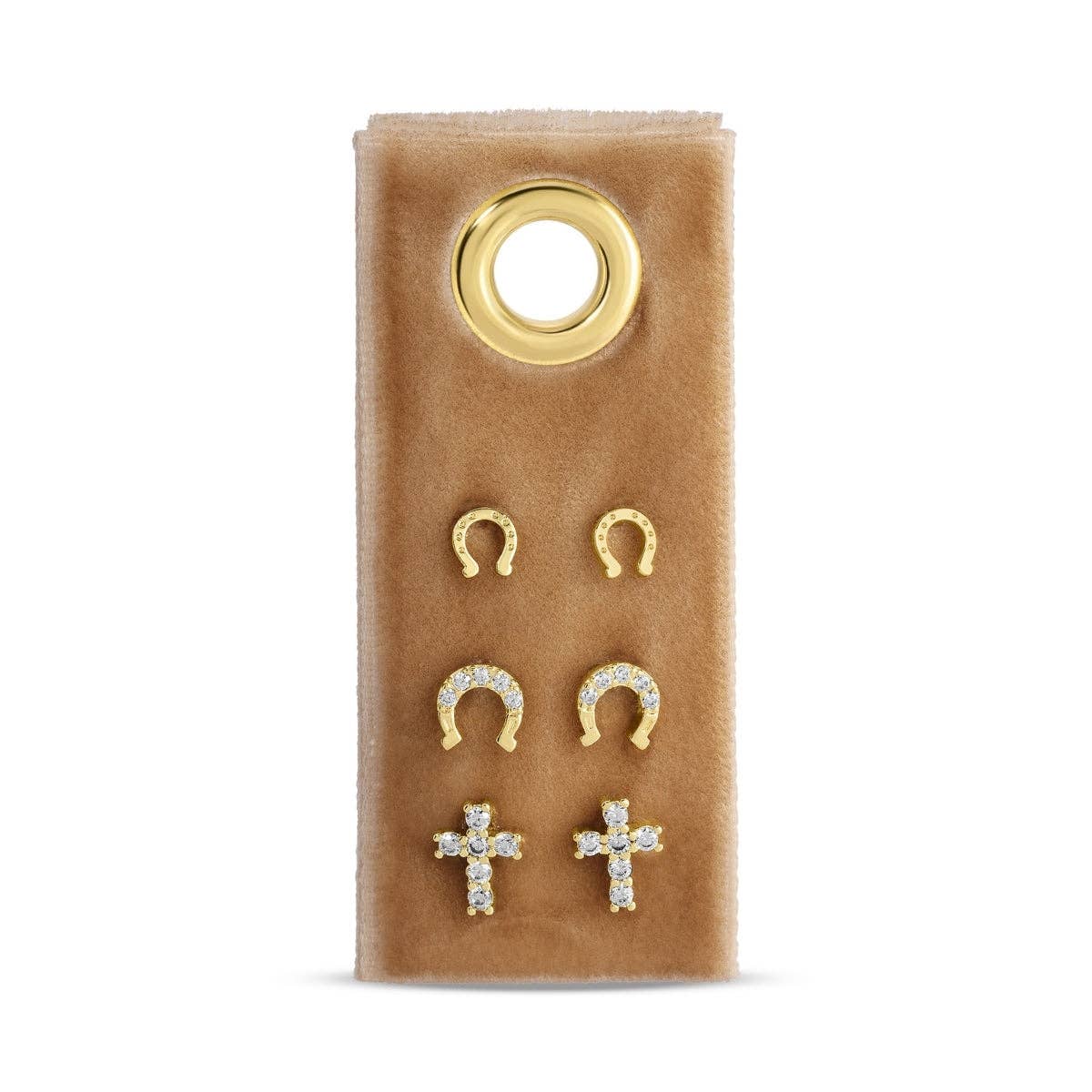 Iconic Trio - Horseshoe & Cross Studs on Velvet Tag
