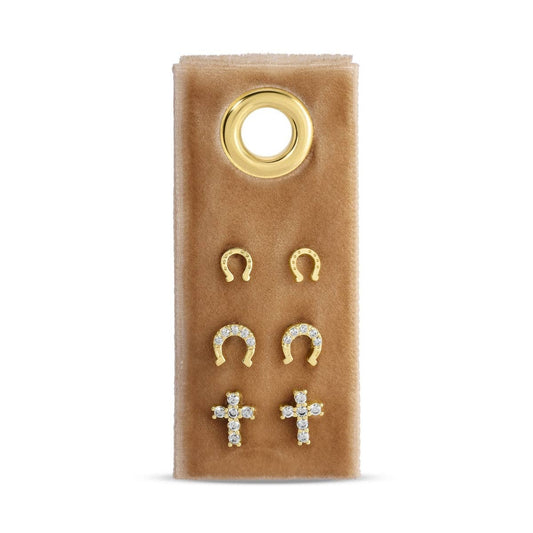 Iconic Trio - Horseshoe & Cross Studs on Velvet Tag