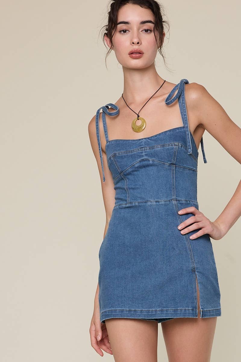 Little Palm Denim Romper Dress
