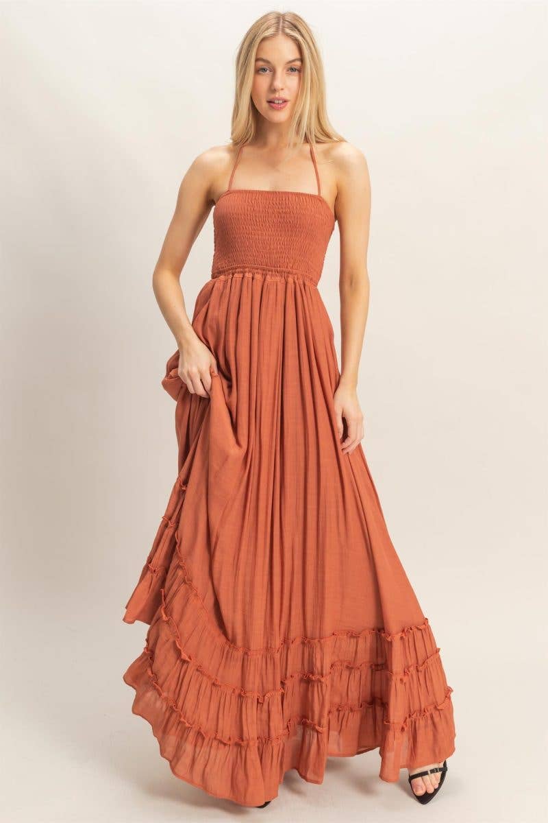 Sunset Tides - Smocked Halter Maxi Dress