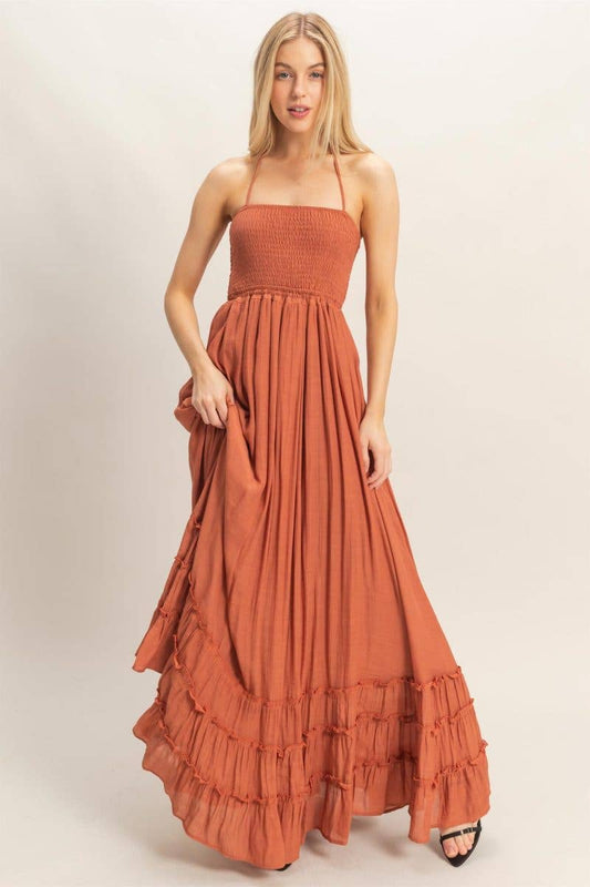 Sunset Tides - Smocked Halter Maxi Dress